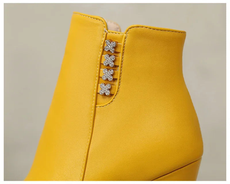 Damen-Stiefeletten mit Kristallblumenmuster, hohem Absatz und Reißverschluss für den Winter