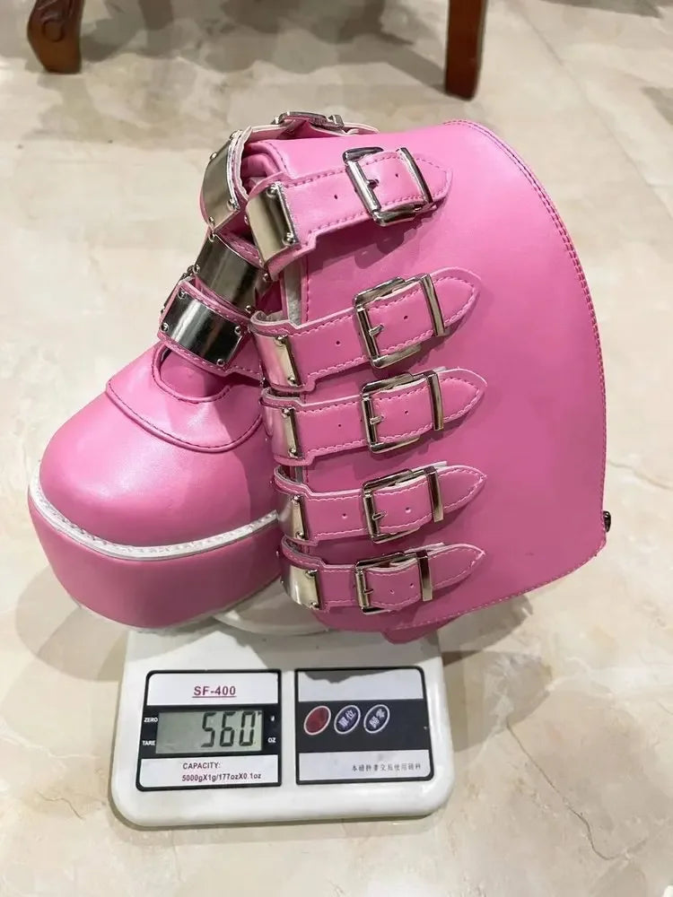 Bottes Cosplay Gothiques En Cuir À Boucles Plateforme