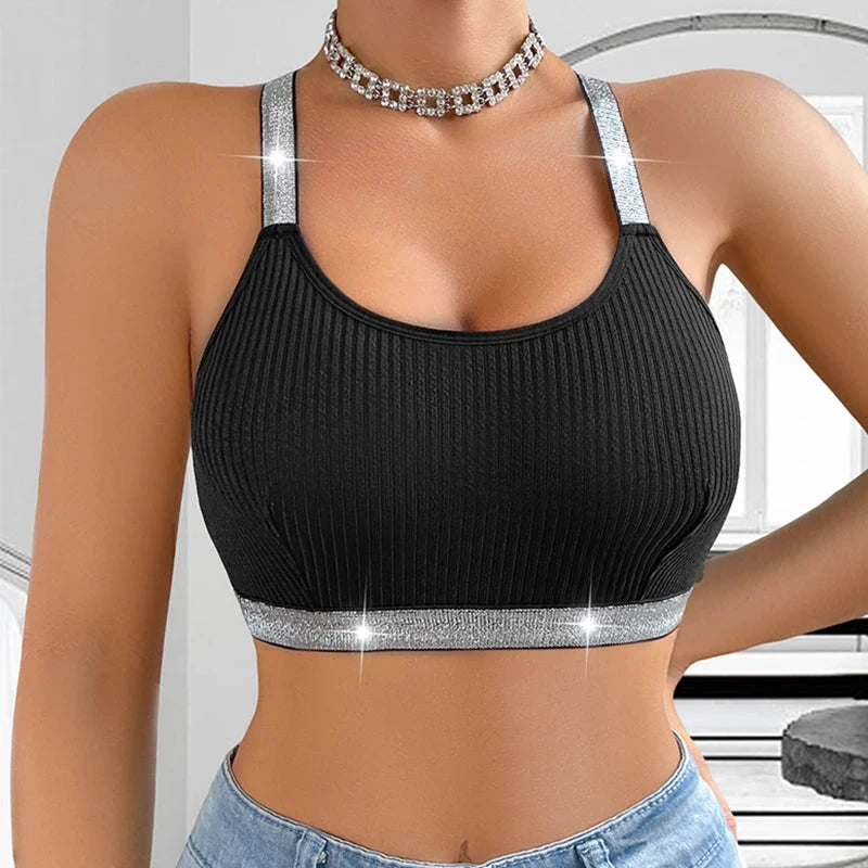 Schwarzes, geripptes Push-up-Bralette mit offenem Rücken und silbernen Trägern