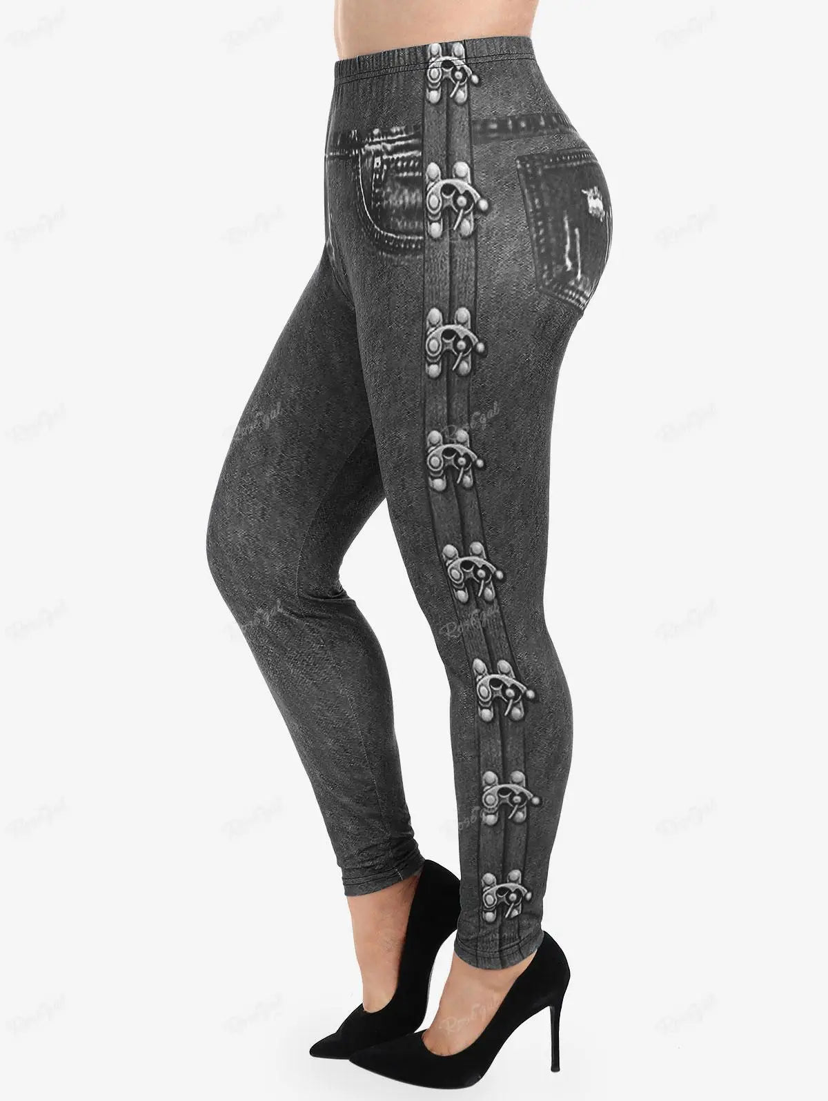 Gothic Leggings in Übergröße 5XL, bedruckte Schnallen, 3D-Reißverschluss, Pink