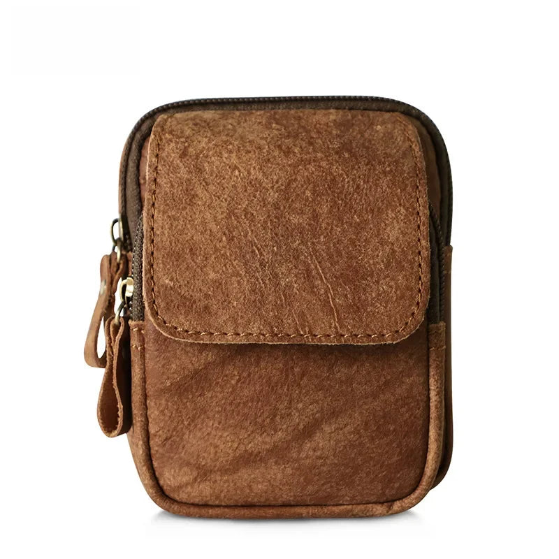 Sac de Taille en Cuir Brun avec Deux Compartiments et Fermeture Éclair