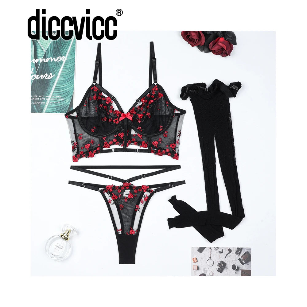 Diccvicc Korsett-Set mit floraler Spitze, Bandagen-Dessous, Schwarz Rot