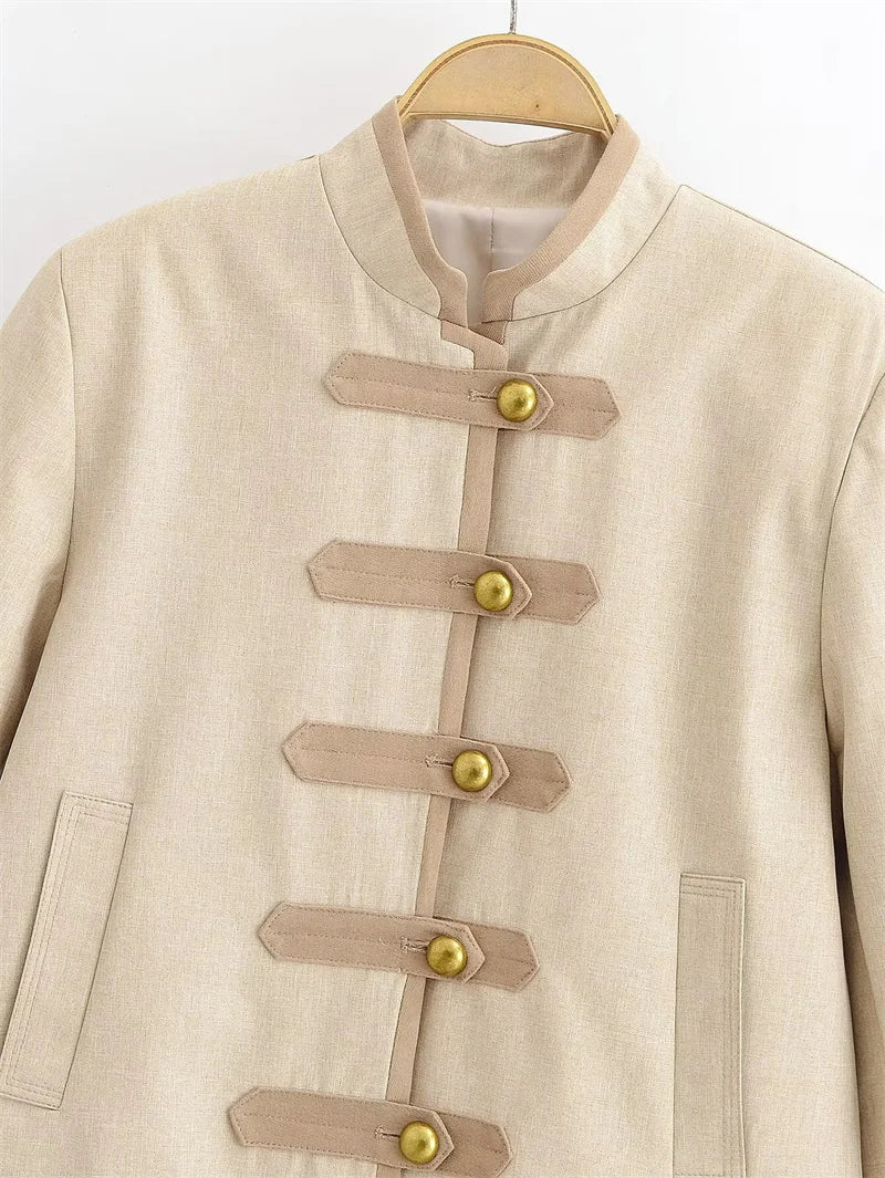 Guobioziy Veste Khaki Col Montant Napoléon Boutons