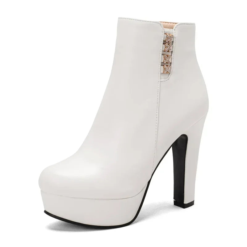 Damen-Stiefeletten mit Kristallblumenmuster, hohem Absatz und Reißverschluss für den Winter