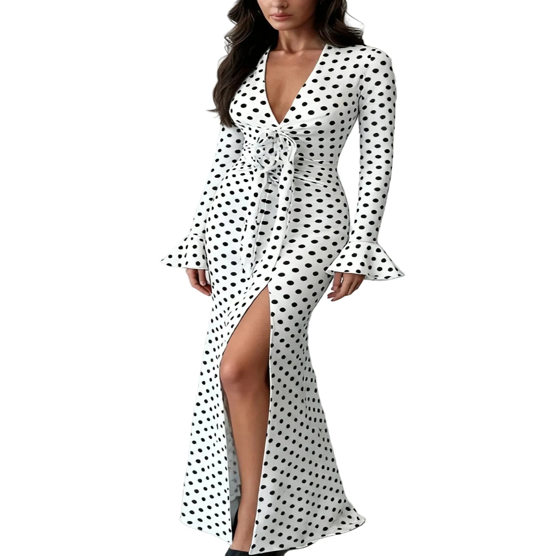 Gepunktetes Kleid mit V-Ausschnitt, figurformend, Glockenärmel