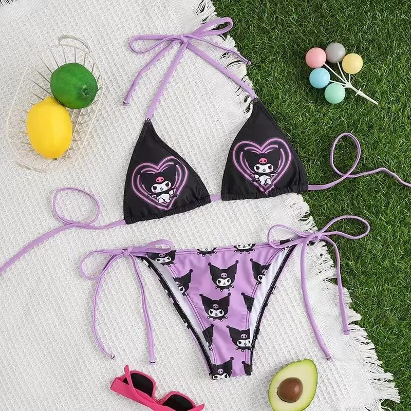 Kawaii Cosplay Two-Piece Bikini with Cat Print – Kuromi Y2K