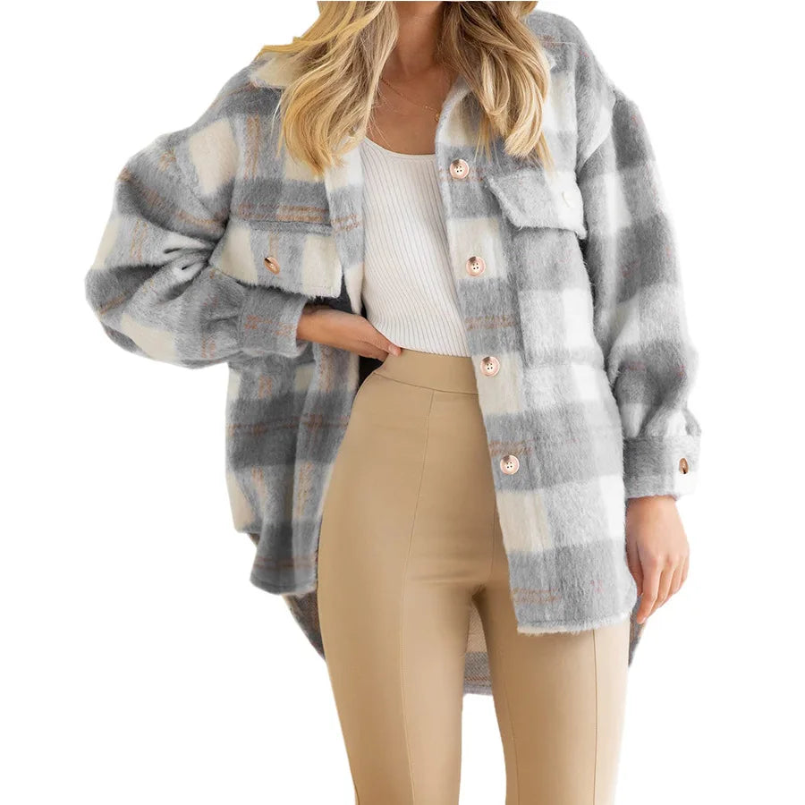 Manteau Plaid Mohair Laine Épais Femme Automne Hiver