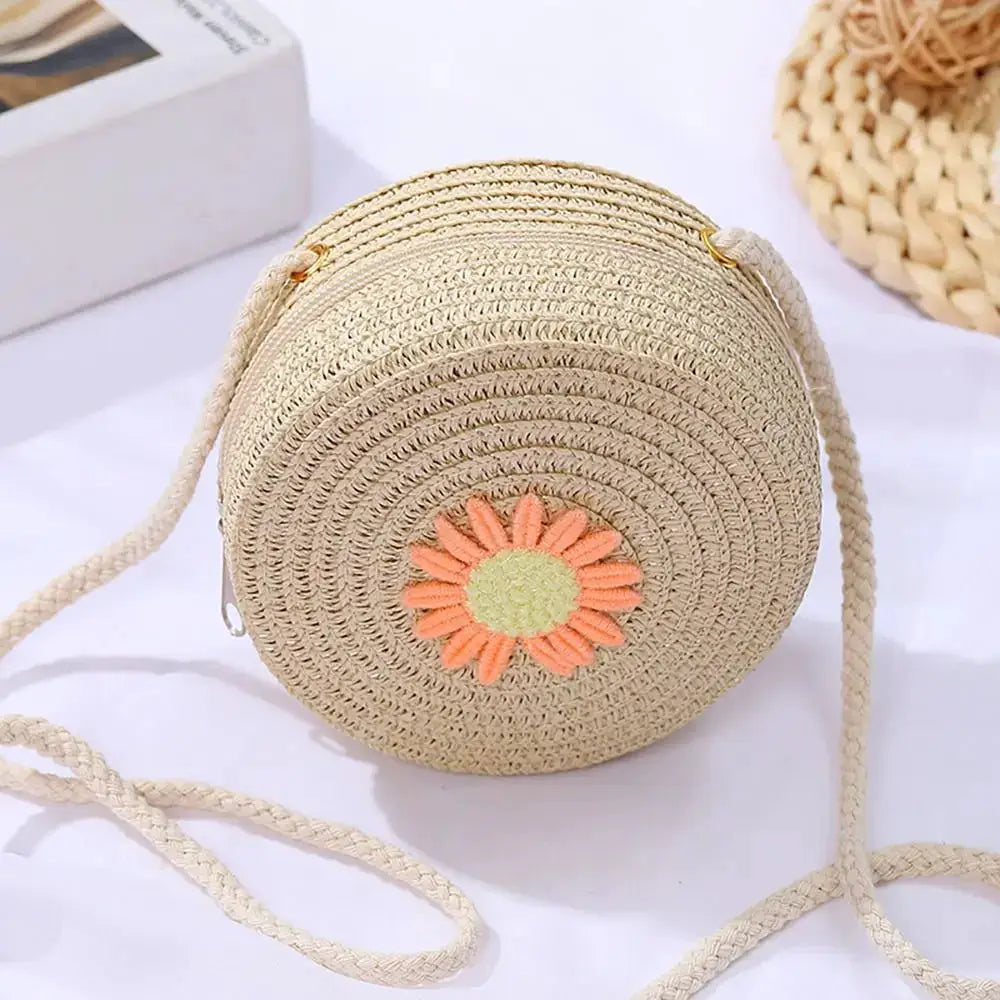 Sac à main rond en paille tressée – Motifs bonbons – Bandoulière fait main