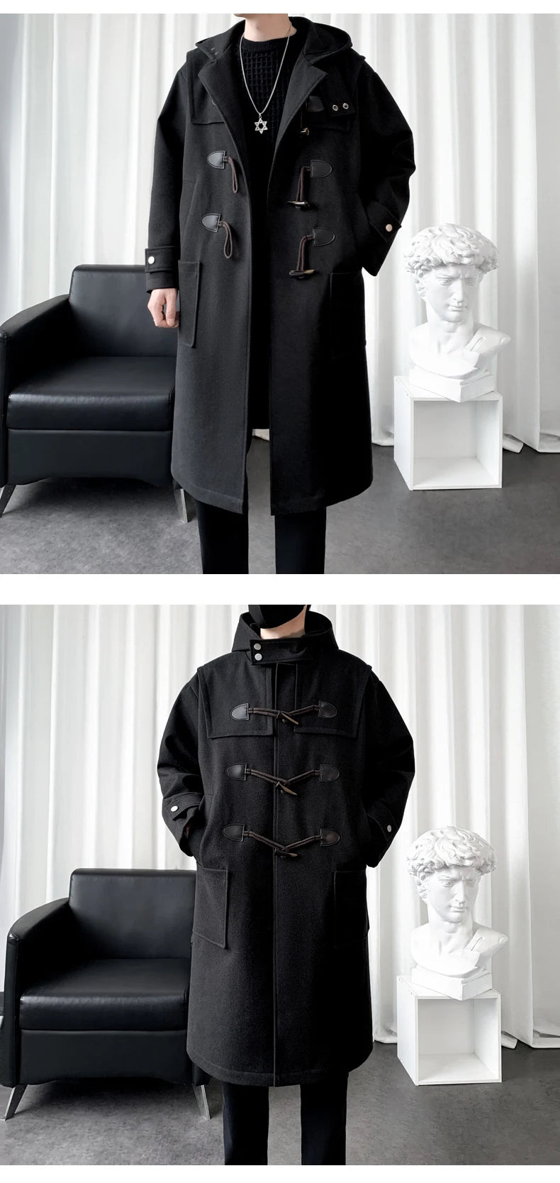 MISNIK Manteau Long Polyester Noir Café Fermeture Toggle