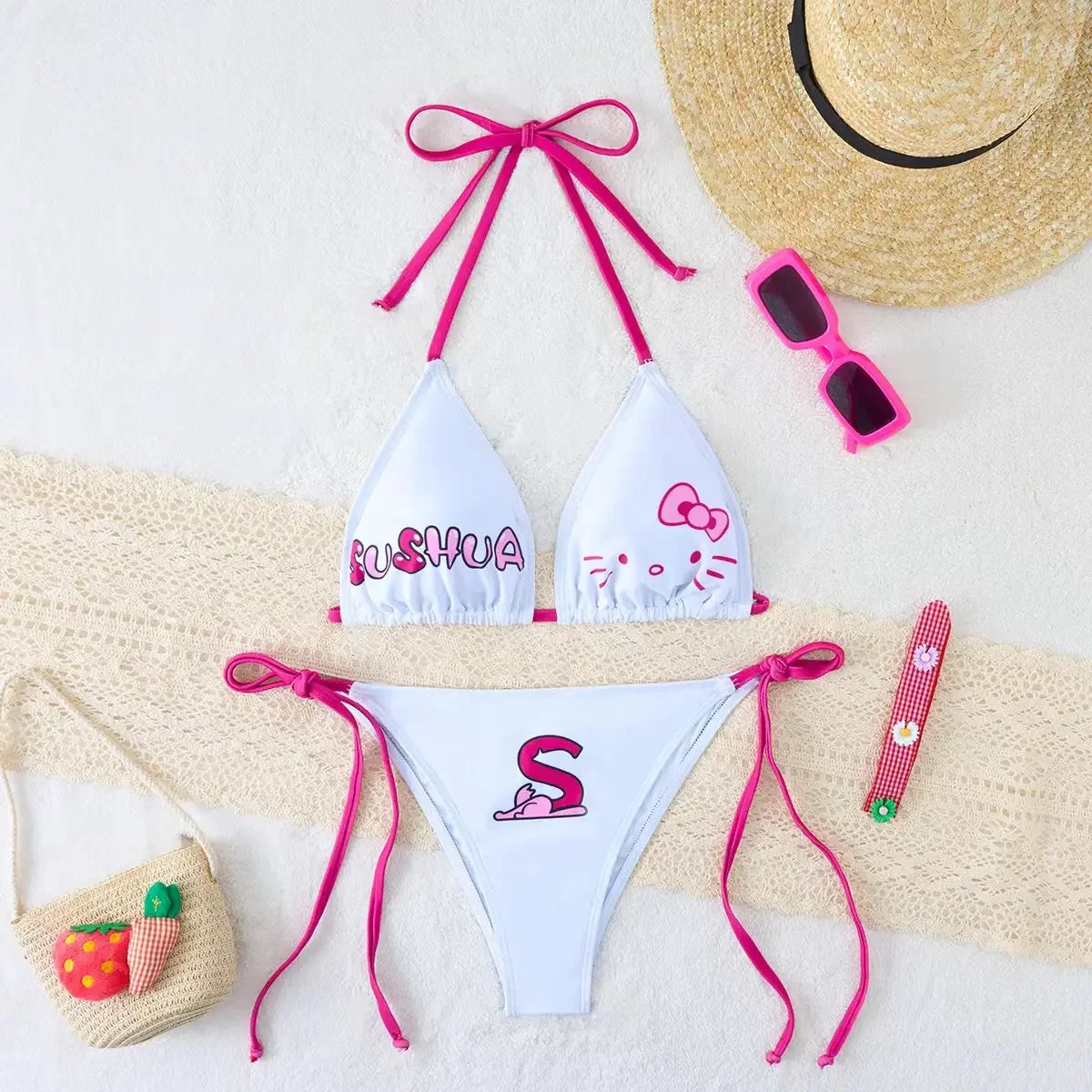 Kawaii Cosplay Two-Piece Bikini with Cat Print – Kuromi Y2K