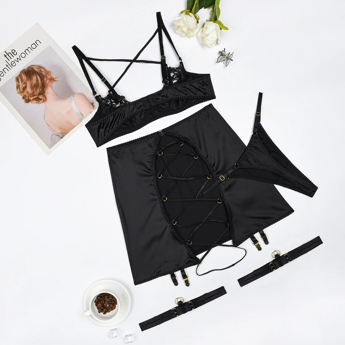 Elloace Rotes Push-Up-BH-Set aus Spitze mit gekreuzten Trägern