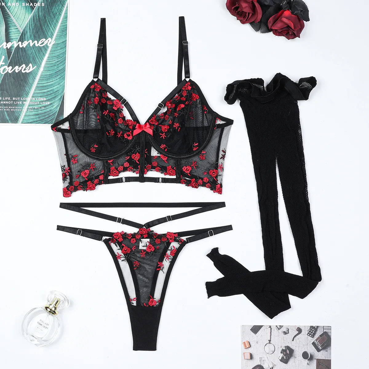 Diccvicc Korsett-Set mit floraler Spitze, Bandagen-Dessous, Schwarz Rot
