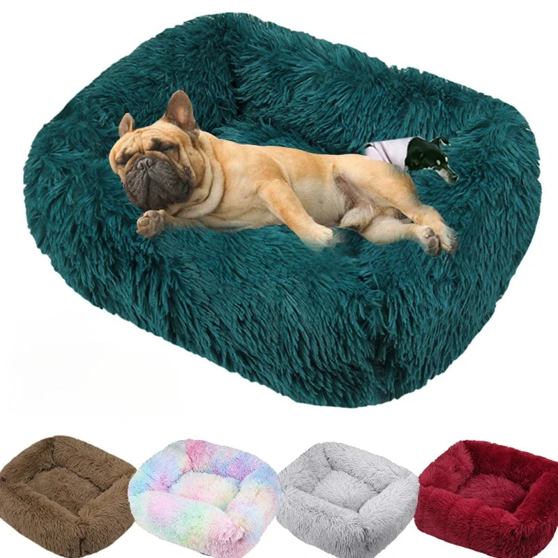 Square Plush Dog Bed, Washable, Duck Blue, Sizes XS to XL