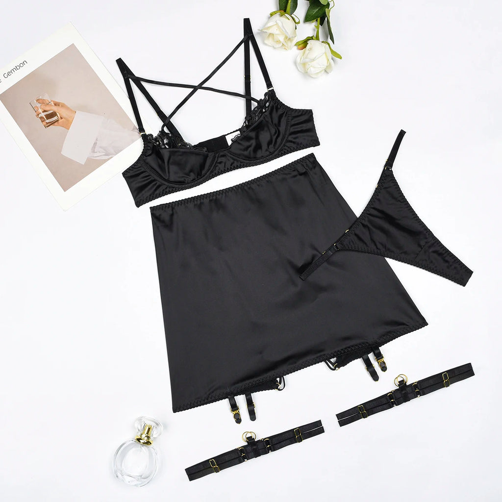 Elloace Rotes Push-Up-BH-Set aus Spitze mit gekreuzten Trägern