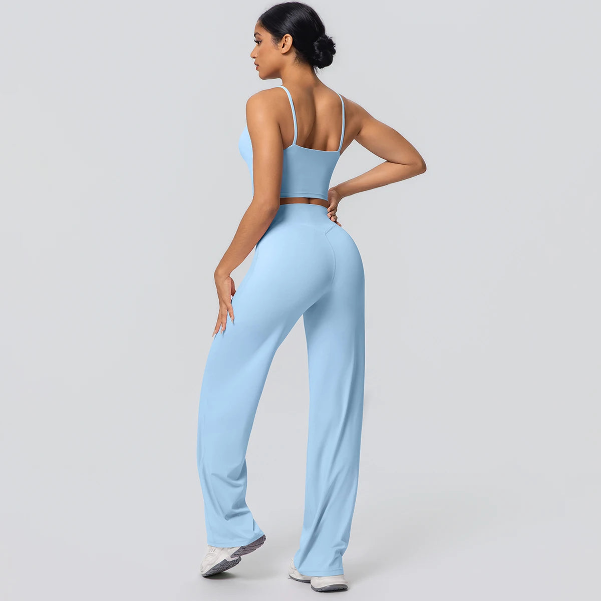 Ensemble Sport Femme Bleu Clair Dos Nu Bretelles Pantalon Taille Haute