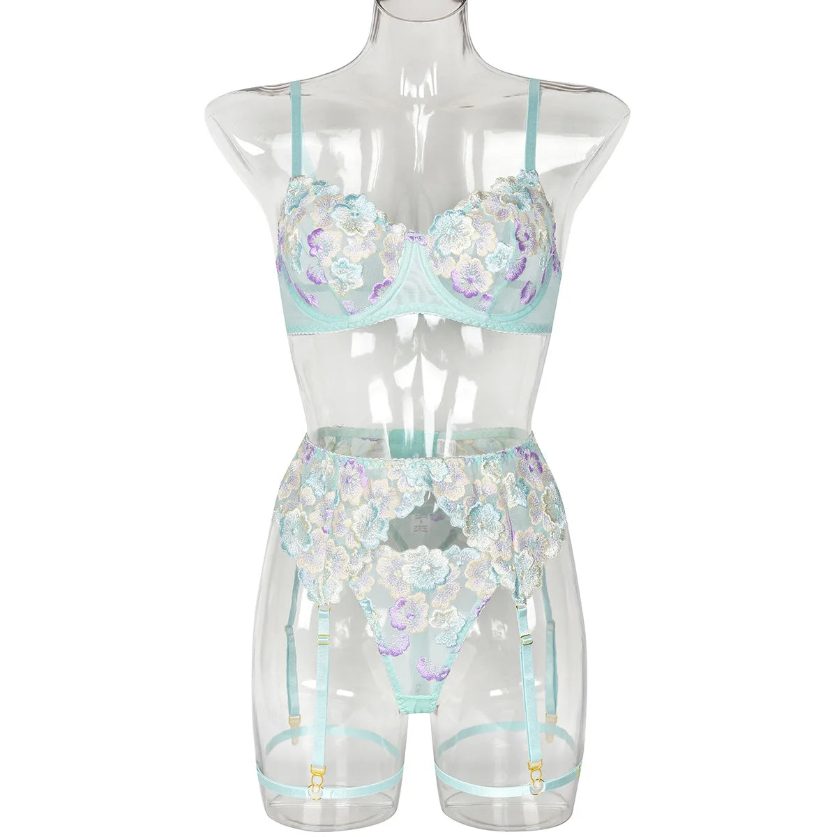 Blumenspitzen-Dessous-Set — BH, String & Strumpfhalter