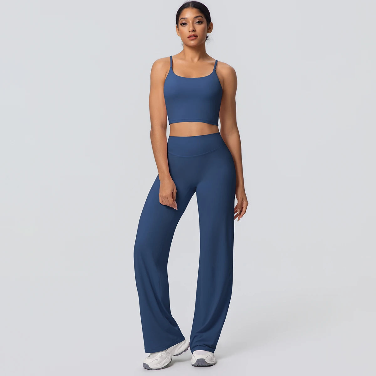 Ensemble Sport Femme Bleu Clair Dos Nu Bretelles Pantalon Taille Haute