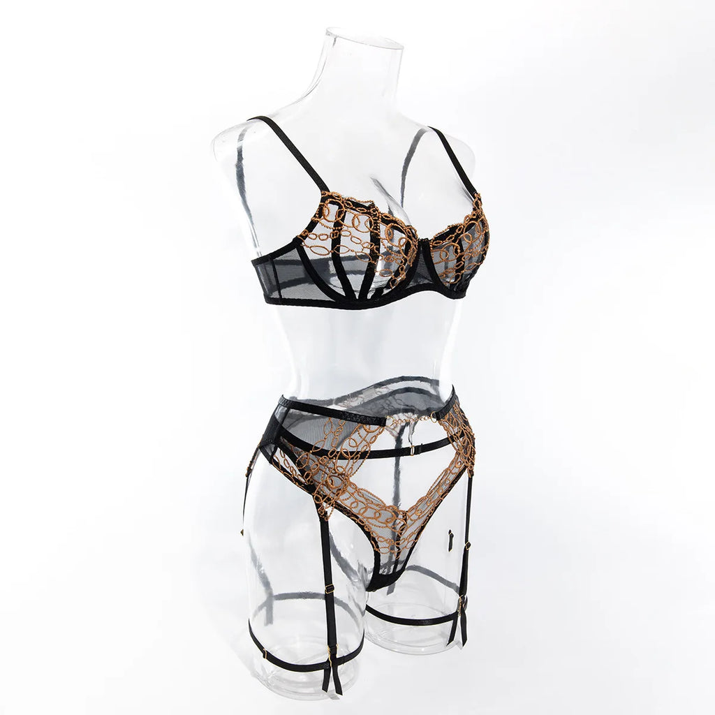 Toucheart 4-teiliges Dessous-Set, Gold und Schwarz Spitze