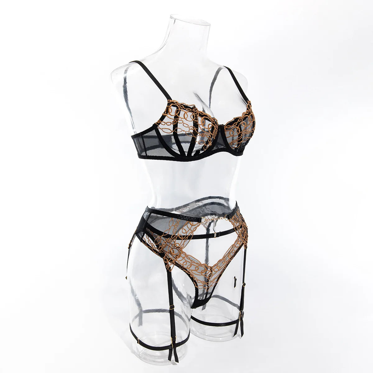 Toucheart 4-teiliges Dessous-Set, Gold und Schwarz Spitze