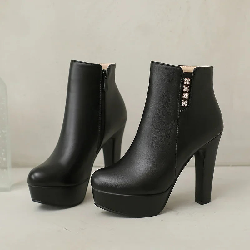 Damen-Stiefeletten mit Kristallblumenmuster, hohem Absatz und Reißverschluss für den Winter