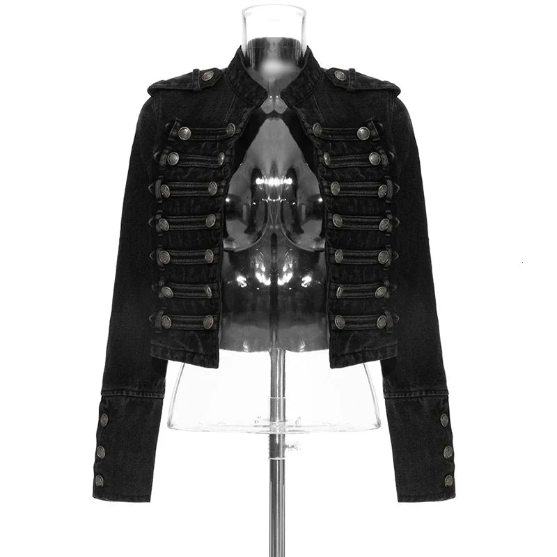 Yipn Veste Jean Courte Noir Fendue À Boutons Multiples