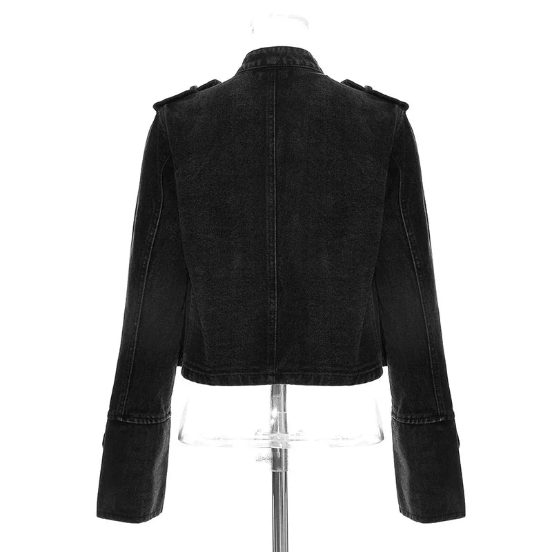 Yipn Veste Jean Courte Noir Fendue À Boutons Multiples