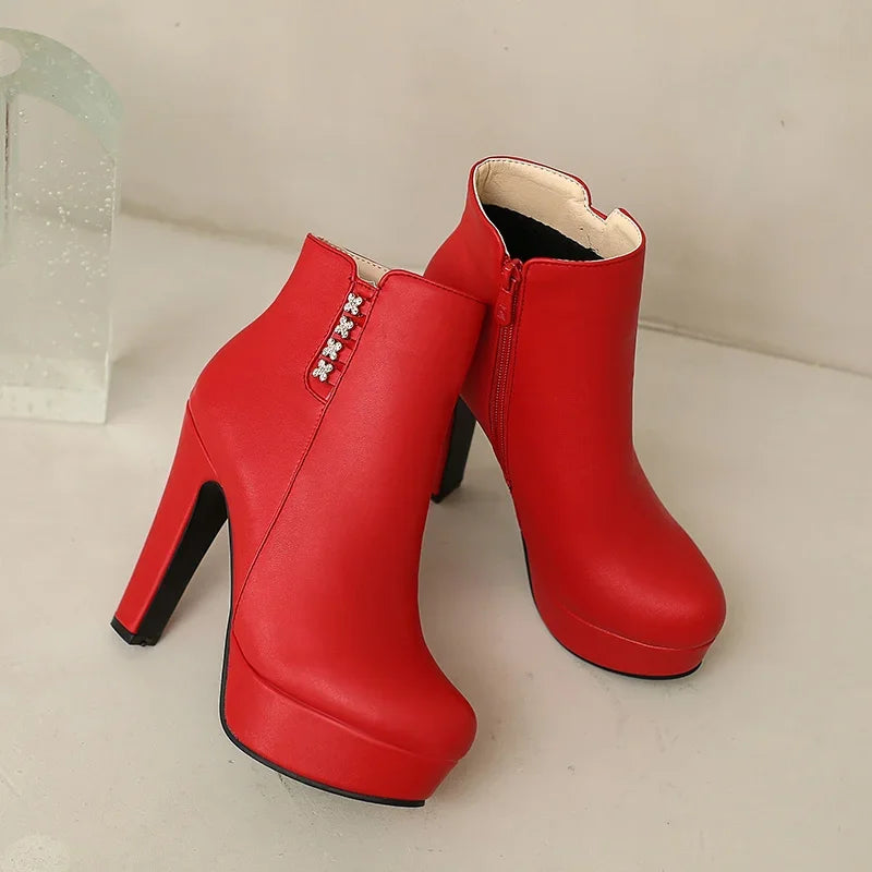 Damen-Stiefeletten mit Kristallblumenmuster, hohem Absatz und Reißverschluss für den Winter