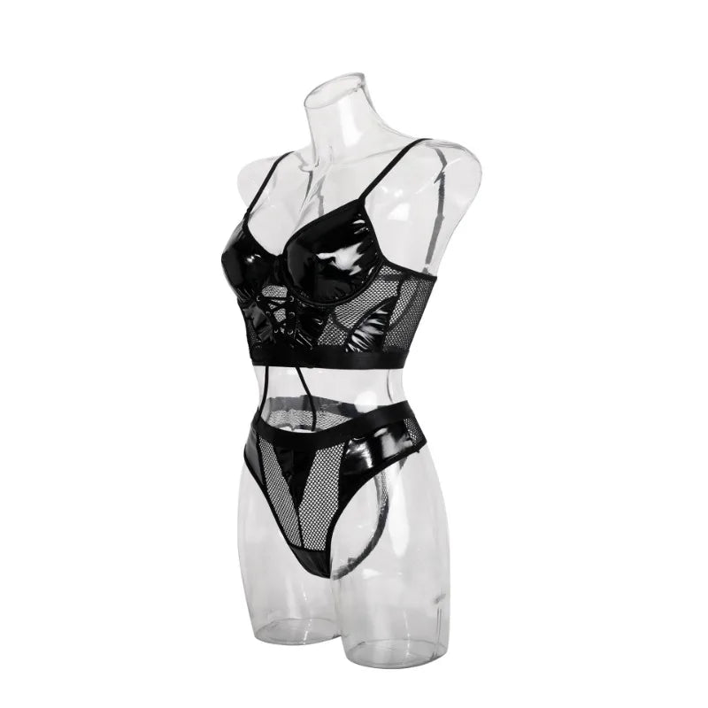 Tornova Lingerie Schwarzes Patchwork-Bustier und Höschen aus PU-Leder mit Schnürung