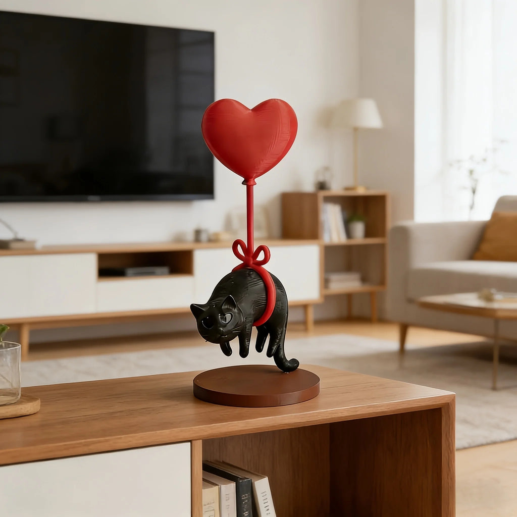 Figurine chat flottant avec ballon coeur – Décoration romantique de bureau et maison