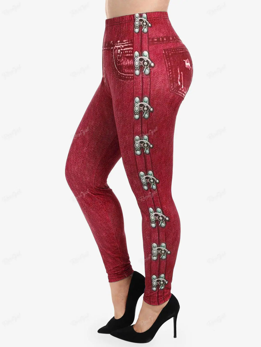 Gothic Leggings in Übergröße 5XL, bedruckte Schnallen, 3D-Reißverschluss, Pink