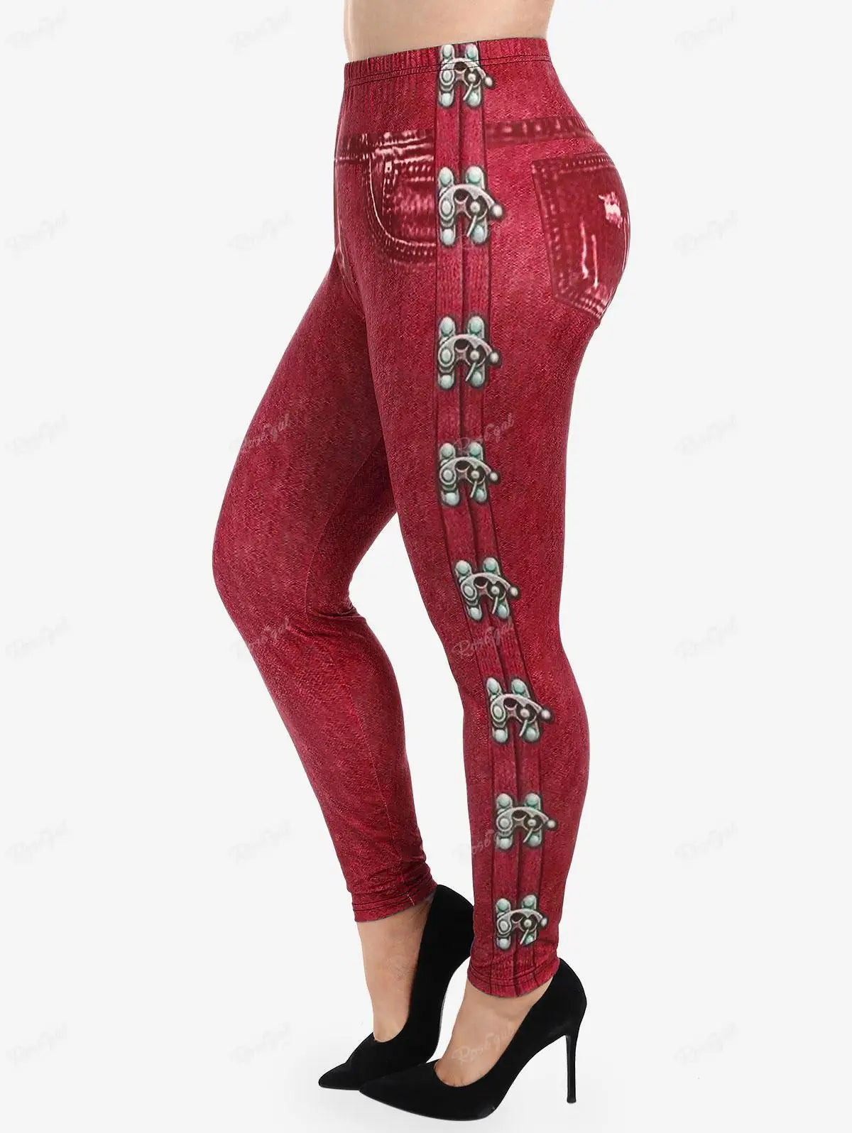 Gothic Leggings in Übergröße 5XL, bedruckte Schnallen, 3D-Reißverschluss, Pink