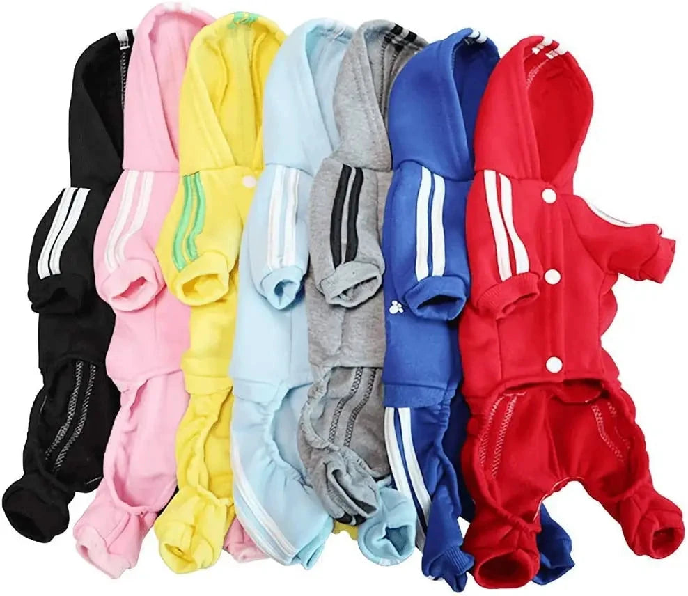 Adidog Sportanzug für Hunde, rot mit weißen Streifen