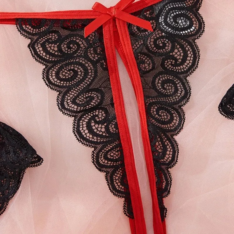 Tornova Lingerie Spitzen-Schleifen-Strumpfband Schwarz Rot