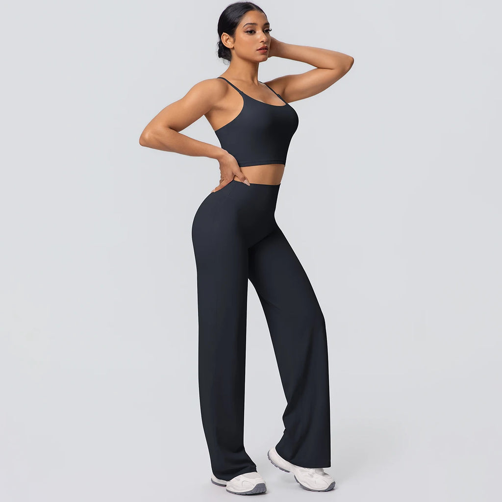 Ensemble Sport Femme Bleu Clair Dos Nu Bretelles Pantalon Taille Haute