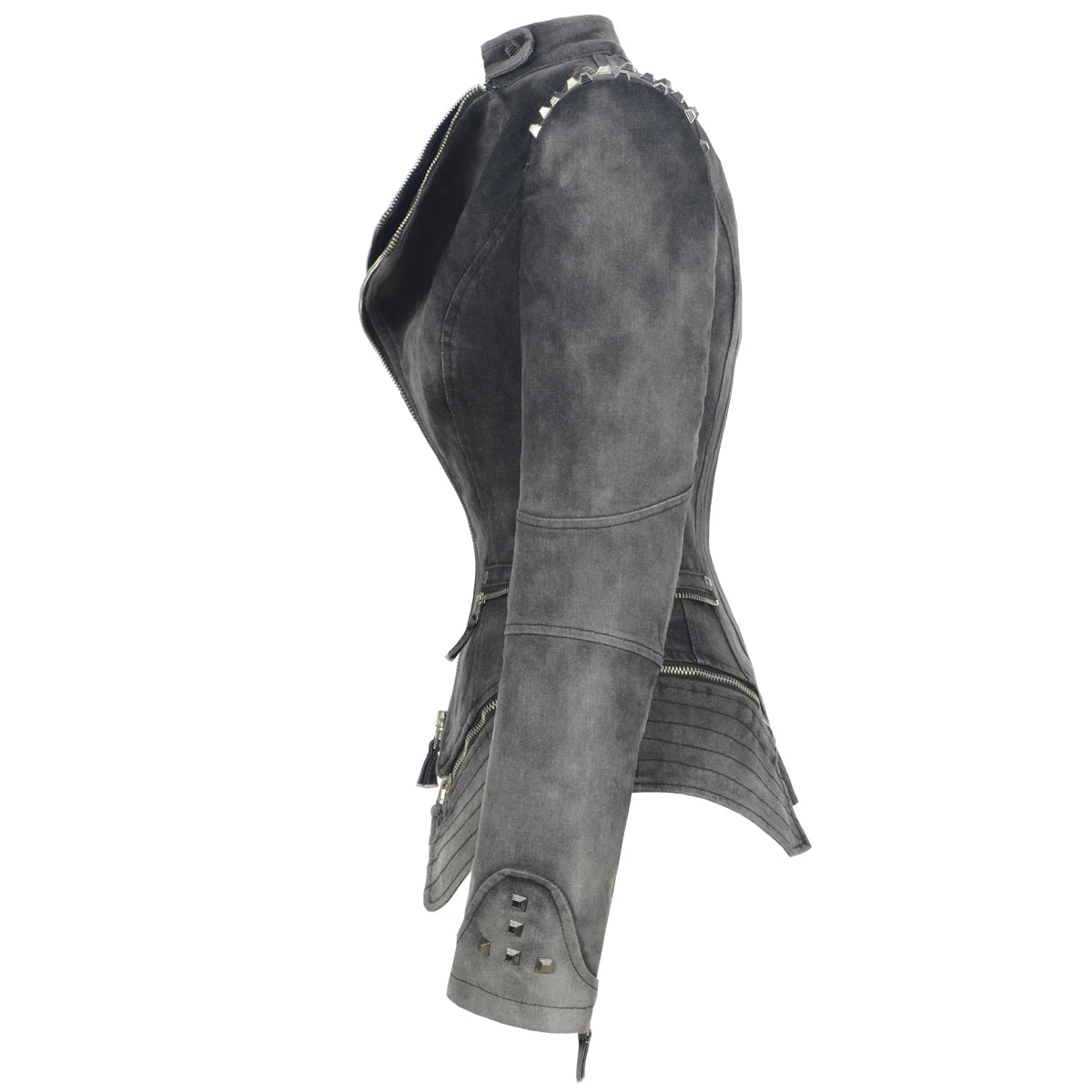 SX Veste Denim Gris Femme Moto Rivets Fermeture Éclair