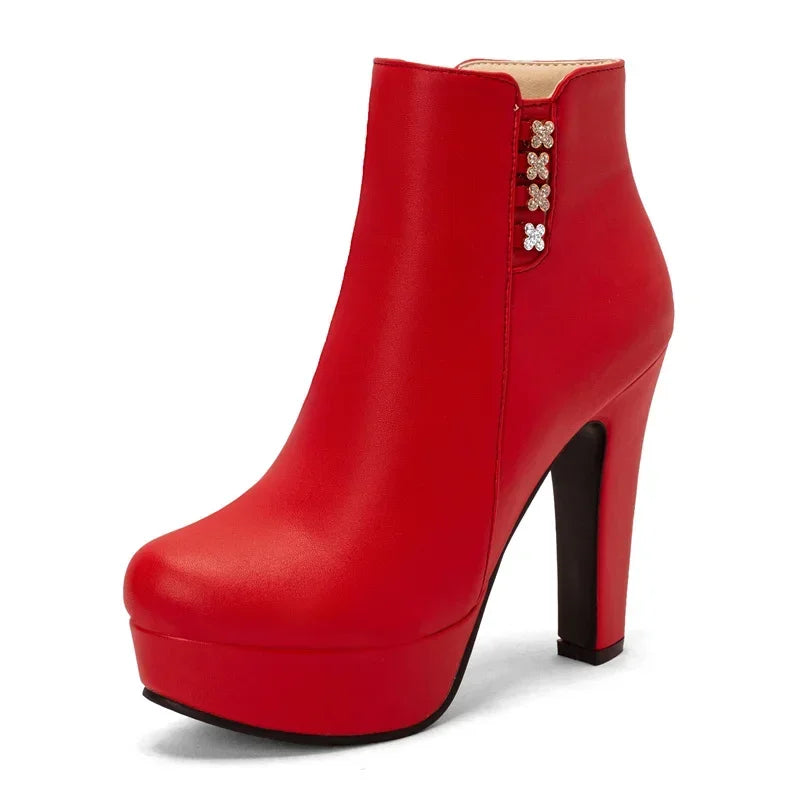 Damen-Stiefeletten mit Kristallblumenmuster, hohem Absatz und Reißverschluss für den Winter