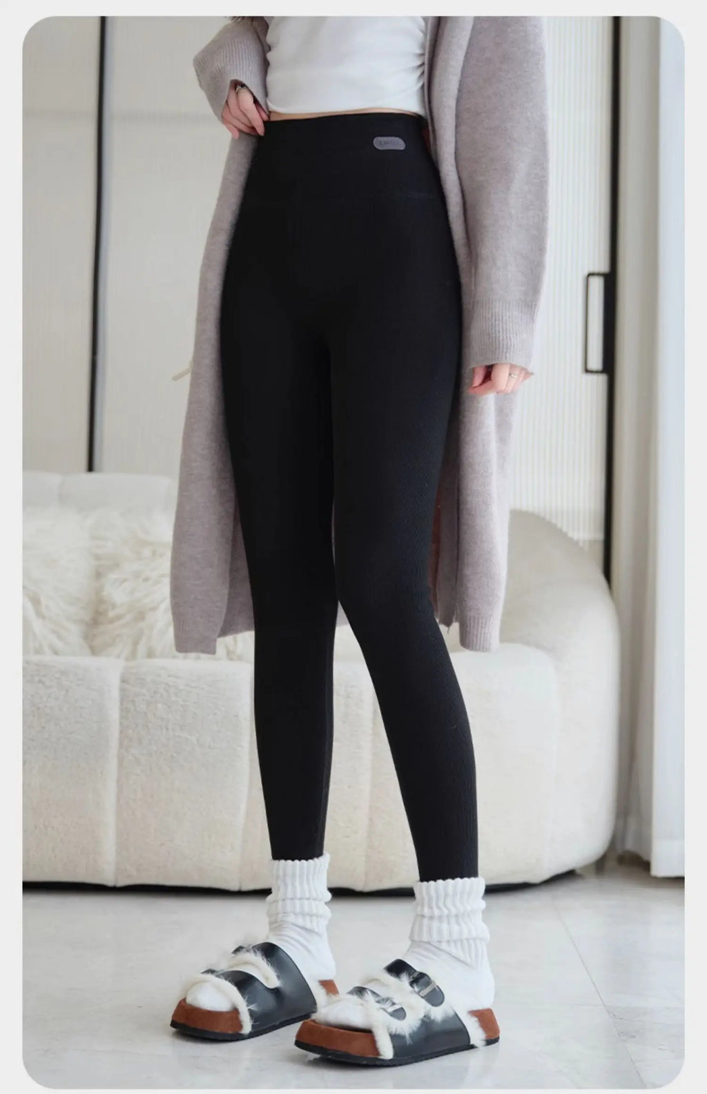 Leggings Femme Coton Spandex Polaire Gris Taille Haute