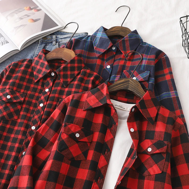 Chemise Femme Flanelle De Coton Carreaux Slim Fit Manches Longues