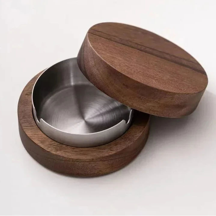 Cendrier de bureau rond en noyer avec insert en acier inoxydable, LSDLBoutique