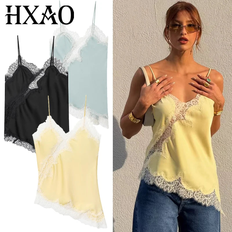 HXAO Camisole À Bretelles Satin Polyester Dentelle Jaune Pâle