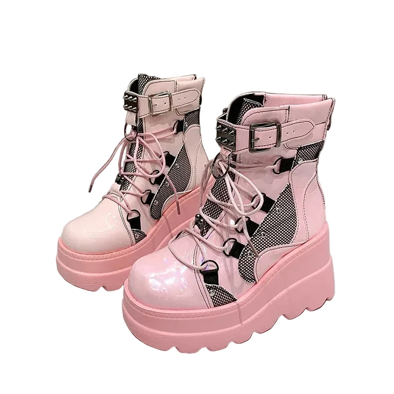 Pinkfarbene Plateau-Ankle-Boots mit Schnürung, Reißverschluss und Profilsohle