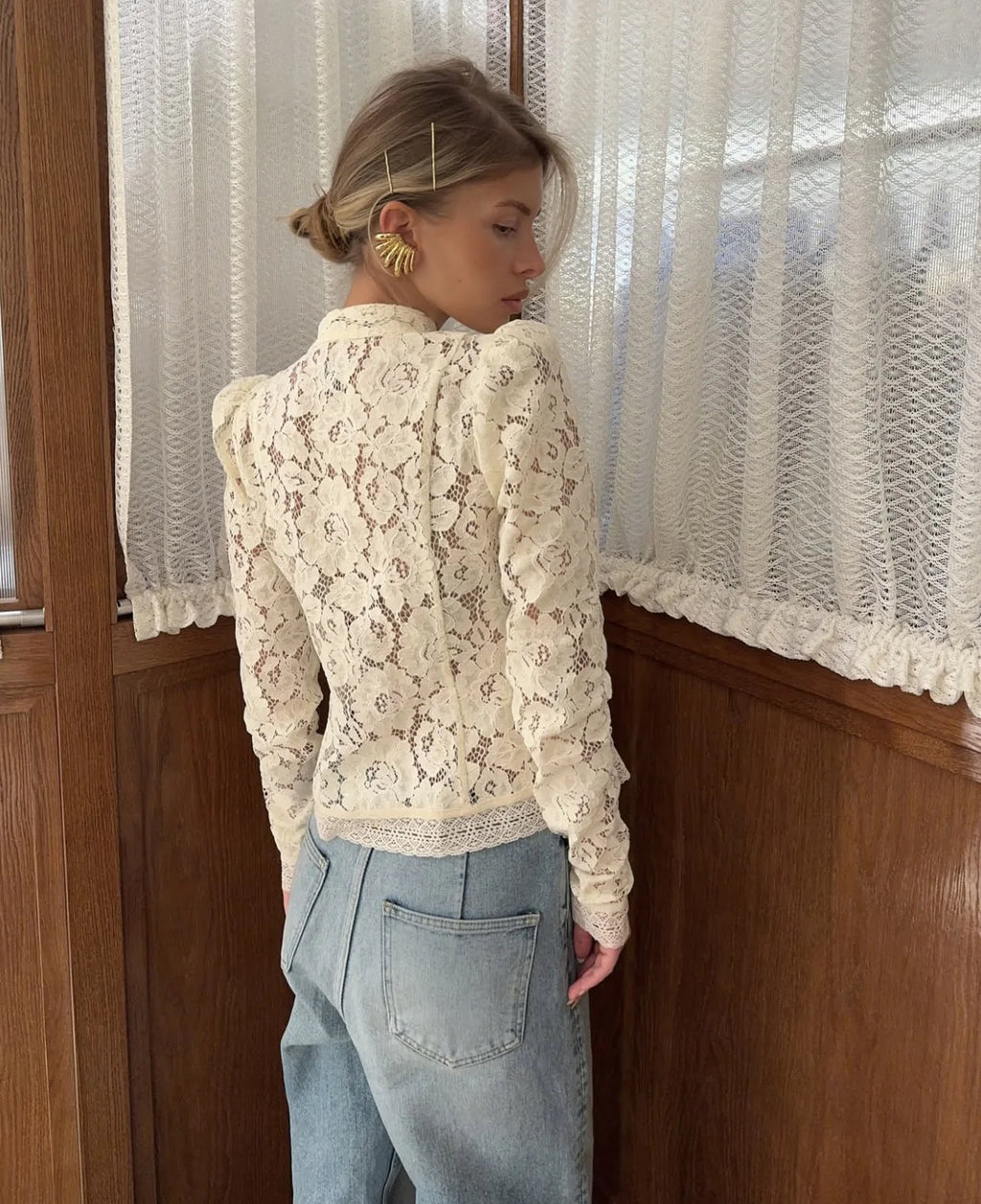 Tossy Chemise Dentelle Imprimée Transparente Écru Manches Longues