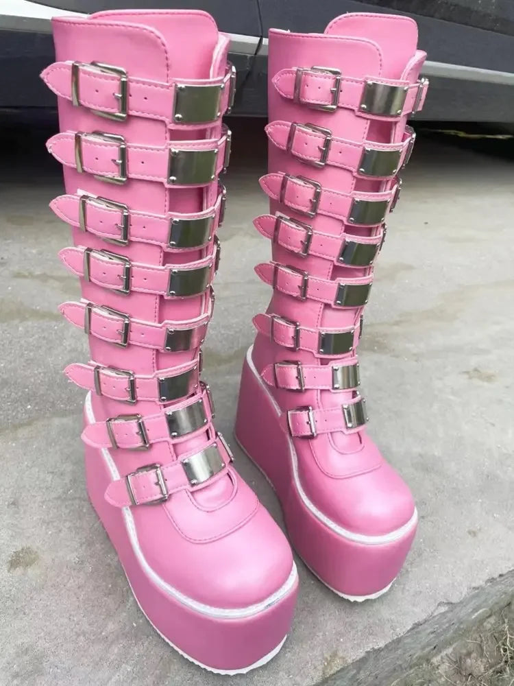 Bottes Cosplay Gothiques En Cuir À Boucles Plateforme