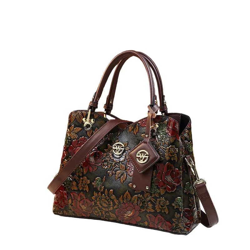 Sac à main LSDLBoutique rétro sculpté floral, cuir noir à motifs floraux rouges dorés, poignées et bandoulière marron