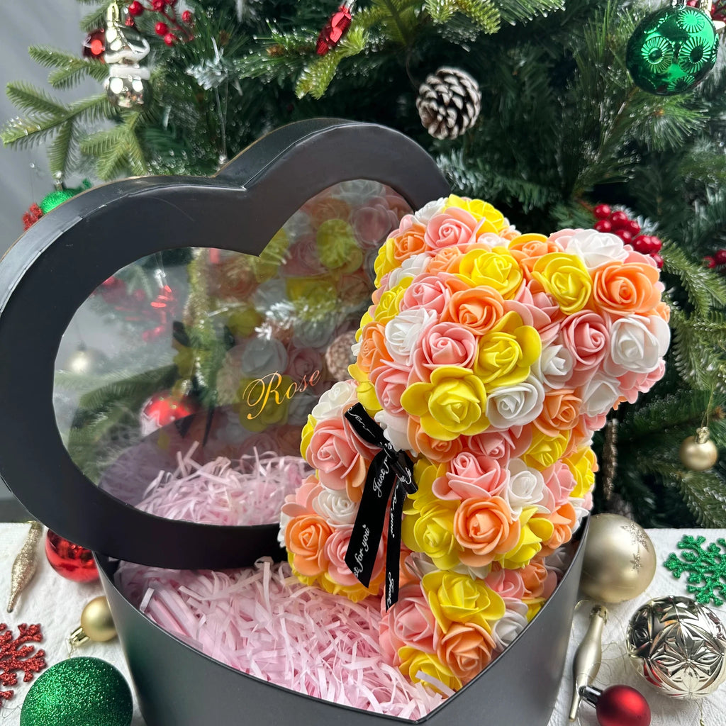 Ourson en roses éternelles avec boîte – 25 cm