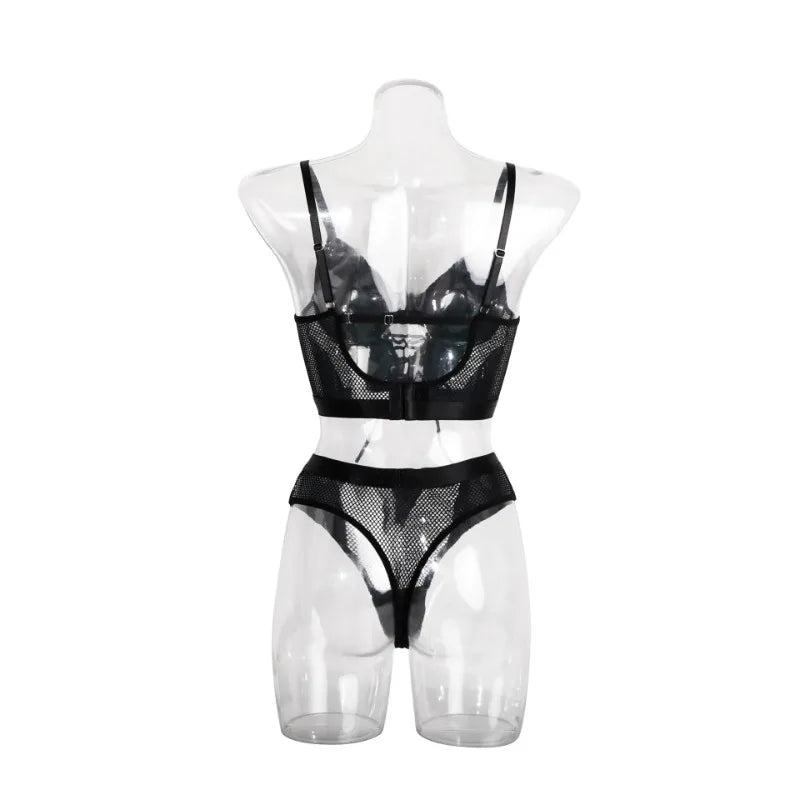 Tornova Lingerie Schwarzes Patchwork-Bustier und Höschen aus PU-Leder mit Schnürung