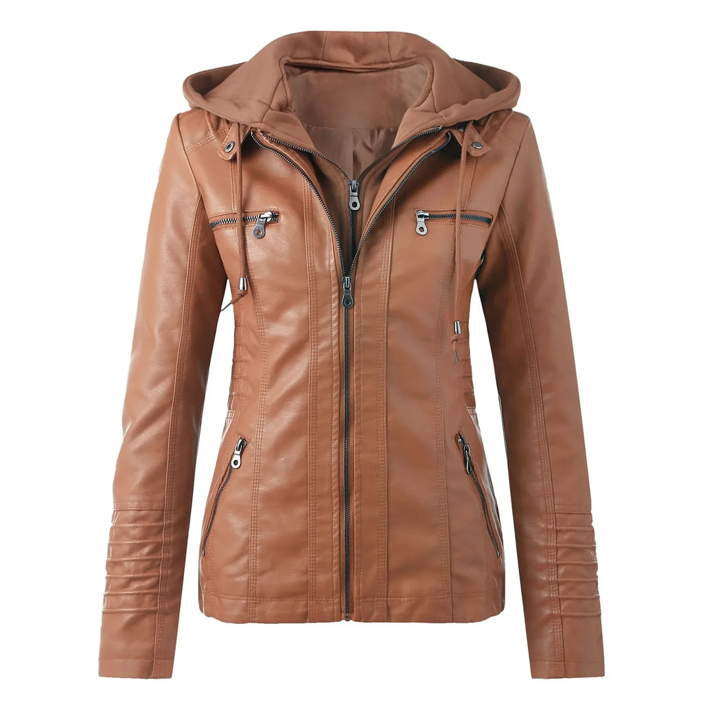 SITMCF Veste Moto Femme PU Cuir À Capuche Fermeture Éclair