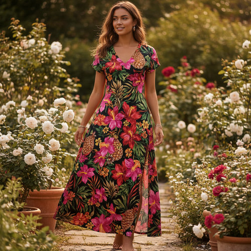 Damen Maxi-Sommerkleid, geblümt, V-Ausschnitt, kurze Ärmel, lässig, Strand-Stil, mit seitlichem Schlitz