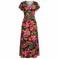 Damen Maxi-Sommerkleid, geblümt, V-Ausschnitt, kurze Ärmel, lässig, Strand-Stil, mit seitlichem Schlitz