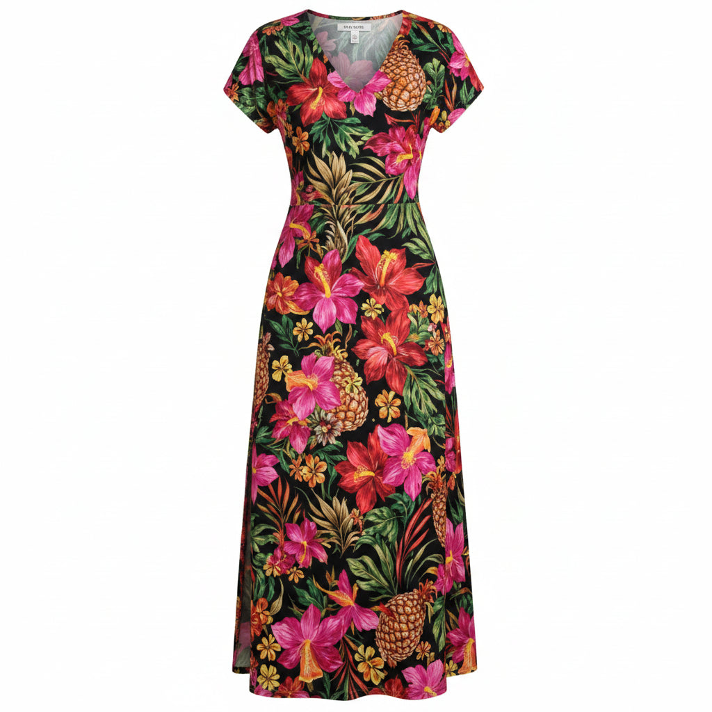 Damen Maxi-Sommerkleid, geblümt, V-Ausschnitt, kurze Ärmel, lässig, Strand-Stil, mit seitlichem Schlitz